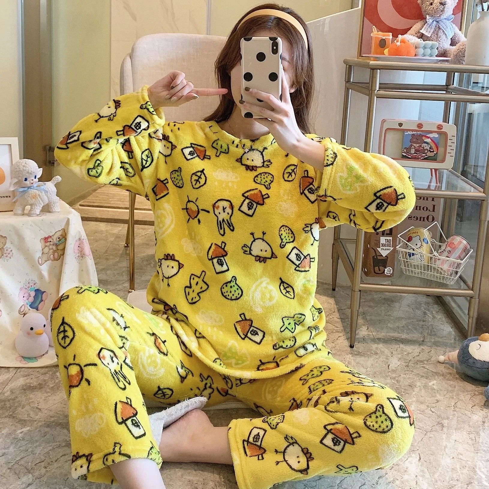 Women Pajamas Autumn Winter Flannel Warm Woman Sleepwear Korean cute Cartoon Nightwear Set Fashion Mujer Home Cloth Pyjamas