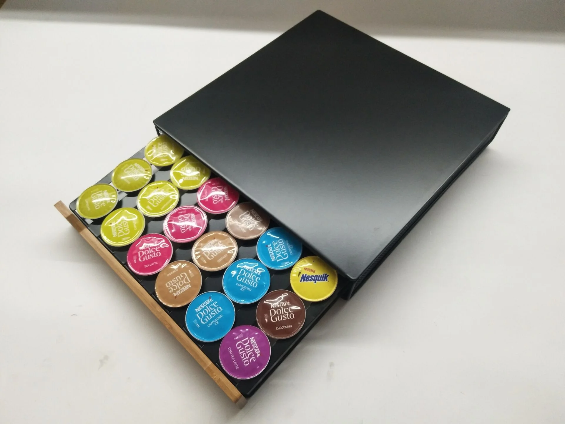 High Quality 36pcs Bamboo Wooden Dolce Gusto Coffee Pod Storage Drawer New Design for Home Kitchen Use Packed in Box