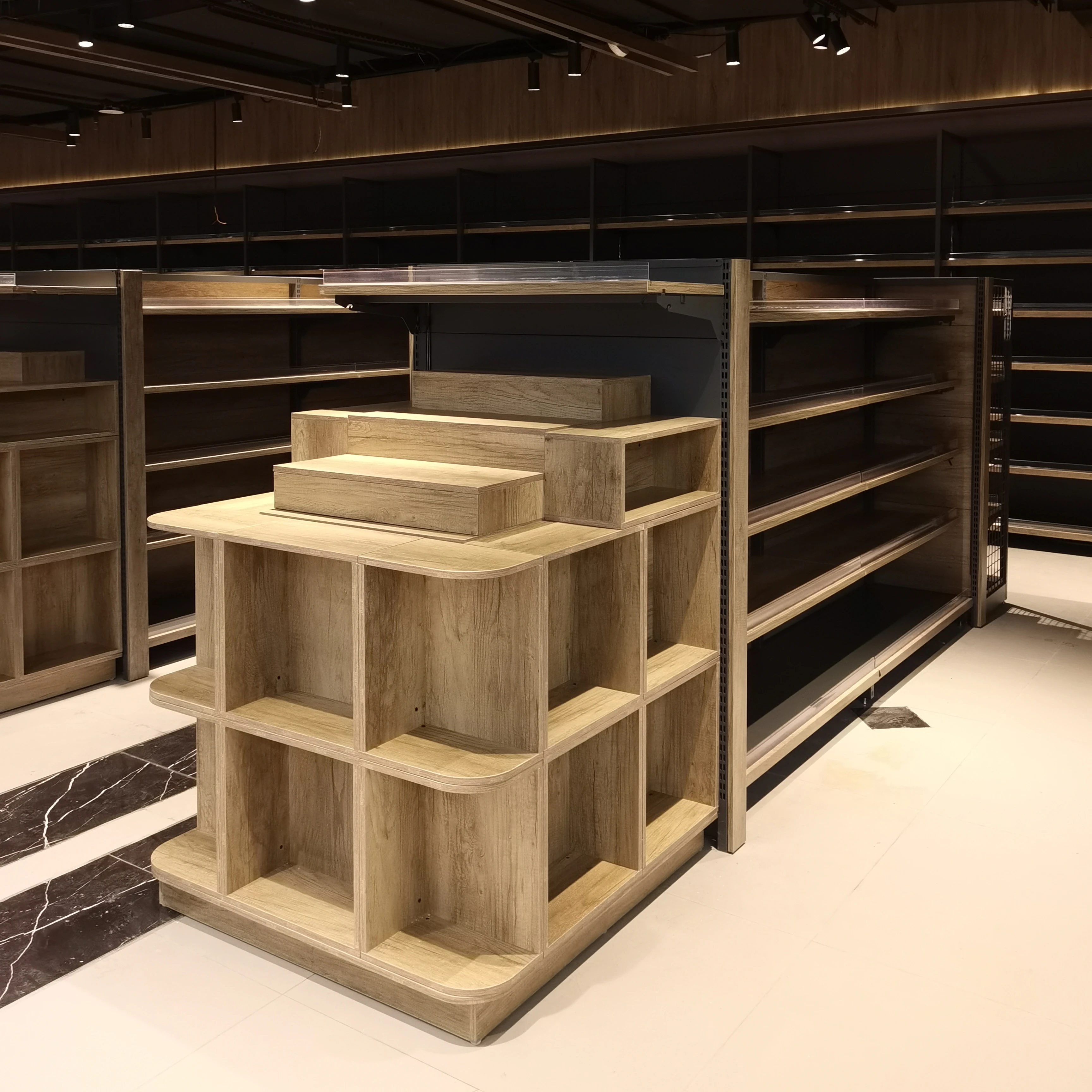 Pangdonglai Customized Heavy-Duty Steel Gondola Shelving Wood Color Display Stand Supermarket Store Equipment Commercial Rack