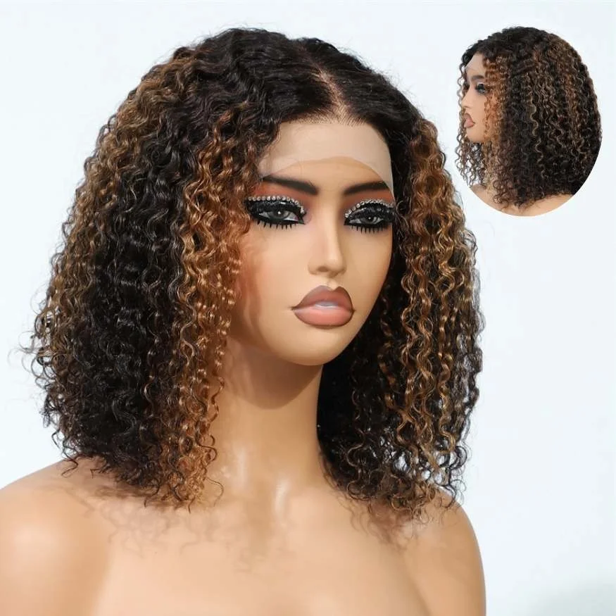 Wholesale Raw Indian Hair 13x4 Bob Lace Frontal Wig 14 Inch Highlight Brown Color Curly Short Wigs for Black Women