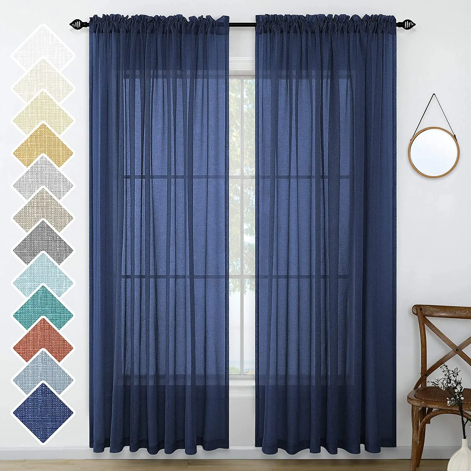 Navy Window Curtains Linen Look Voile Sheer Drapes for Living Room Village Apartment Cabin Garden Canopy Family Room Home Decor
