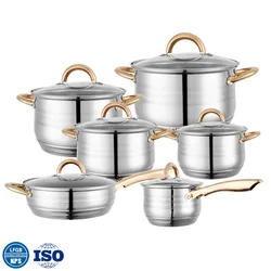 12pc golden handle kitchen pans casserole stockpot non-stick pan stainless steel cookware set with glass lid