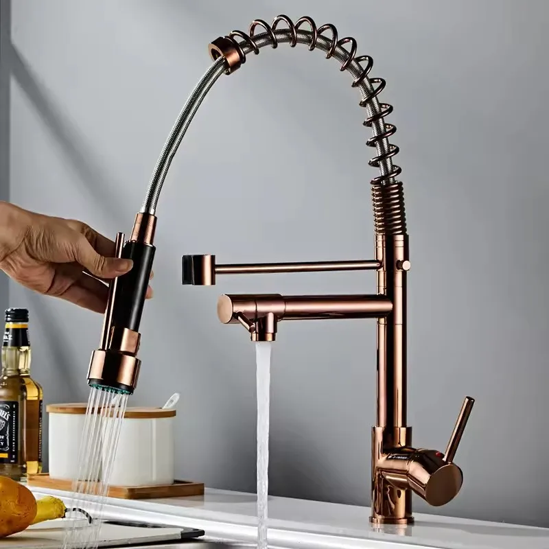 Copper Pull Down Double Faucets Pull Out Kitchen Sink Faucets for Kitchen Commercial Black Modern Contemporary Ceramic Fujian