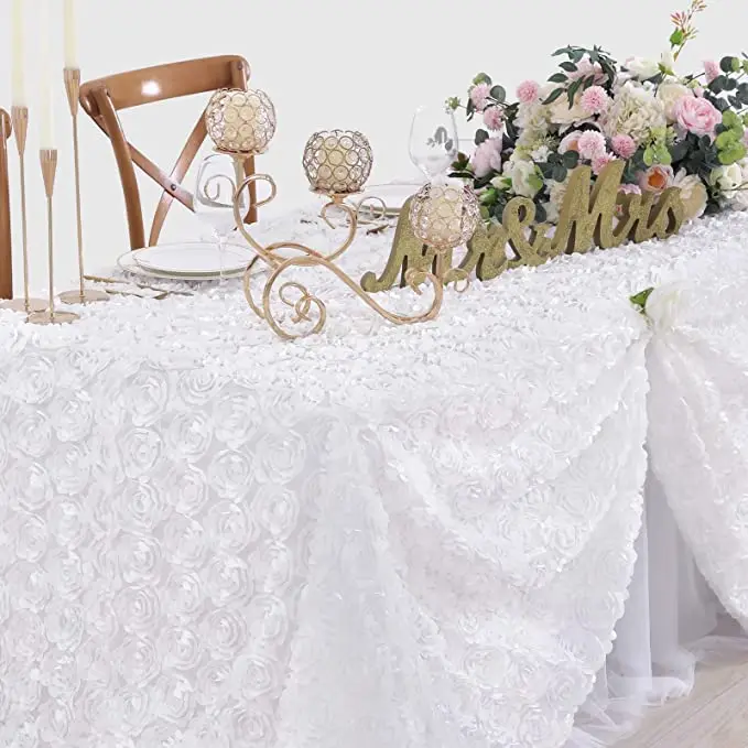White Tablecloth 50x102 Inches Rosette Wedding Tablecloth Party Table Decor Rectangle Satin Floral Table Cover for Baby Shower