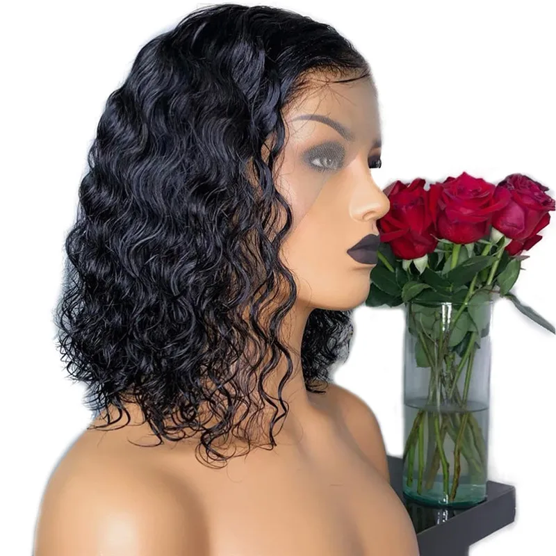 Боб вьющиеся парики фронта шнурка человеческих волос короткие волнистые волосы 13x4 кружева фронтальные 180% Плотность предварительно вырезанные с детскими волосами оптовая продажа