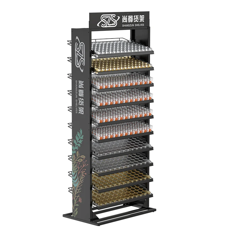 Factory Retail nail polish display floor stand  nail polish and powder display rack large with logo on two side and top