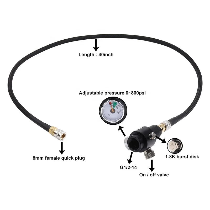 Airsoft Regulator with 40inch Low Pressure Remote Hose Line to Paintball HPA CO2 Tank Regulating Range 0~800 PSI