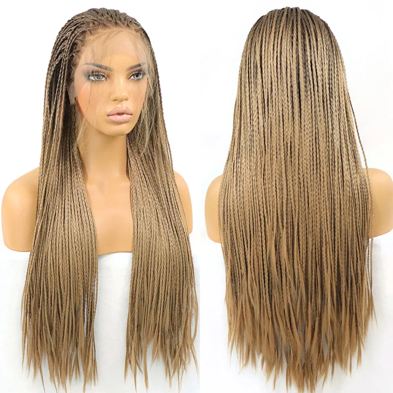 Daily Long Hairs Synthetic Braiding Ombre Box Braided Wigs For Women Full Double Lace Brown Gold Crochet Braid Wigs