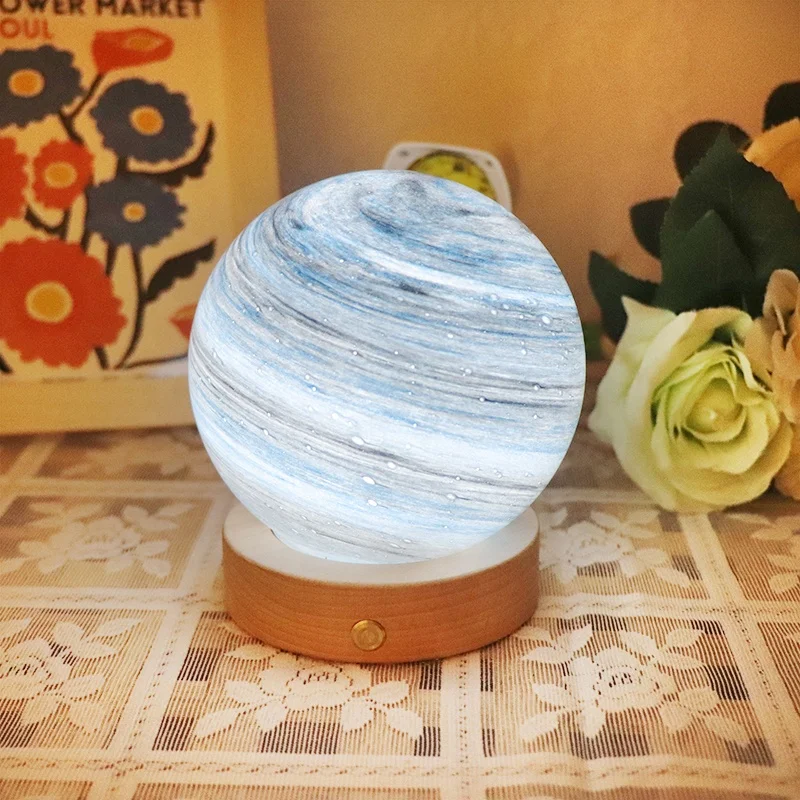 Creativity Gift Light Glass Wandering Earth USB Table Lamp 3D Touch Night Light With Wooden Led Base