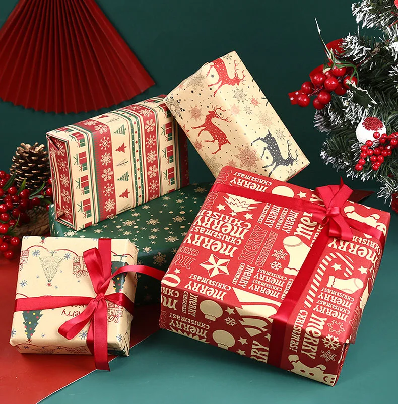 New Design Custom Vintage Christmas Decorations Print Logo Size Colored Luxury Wrapping Kraft Gift Paper Roll