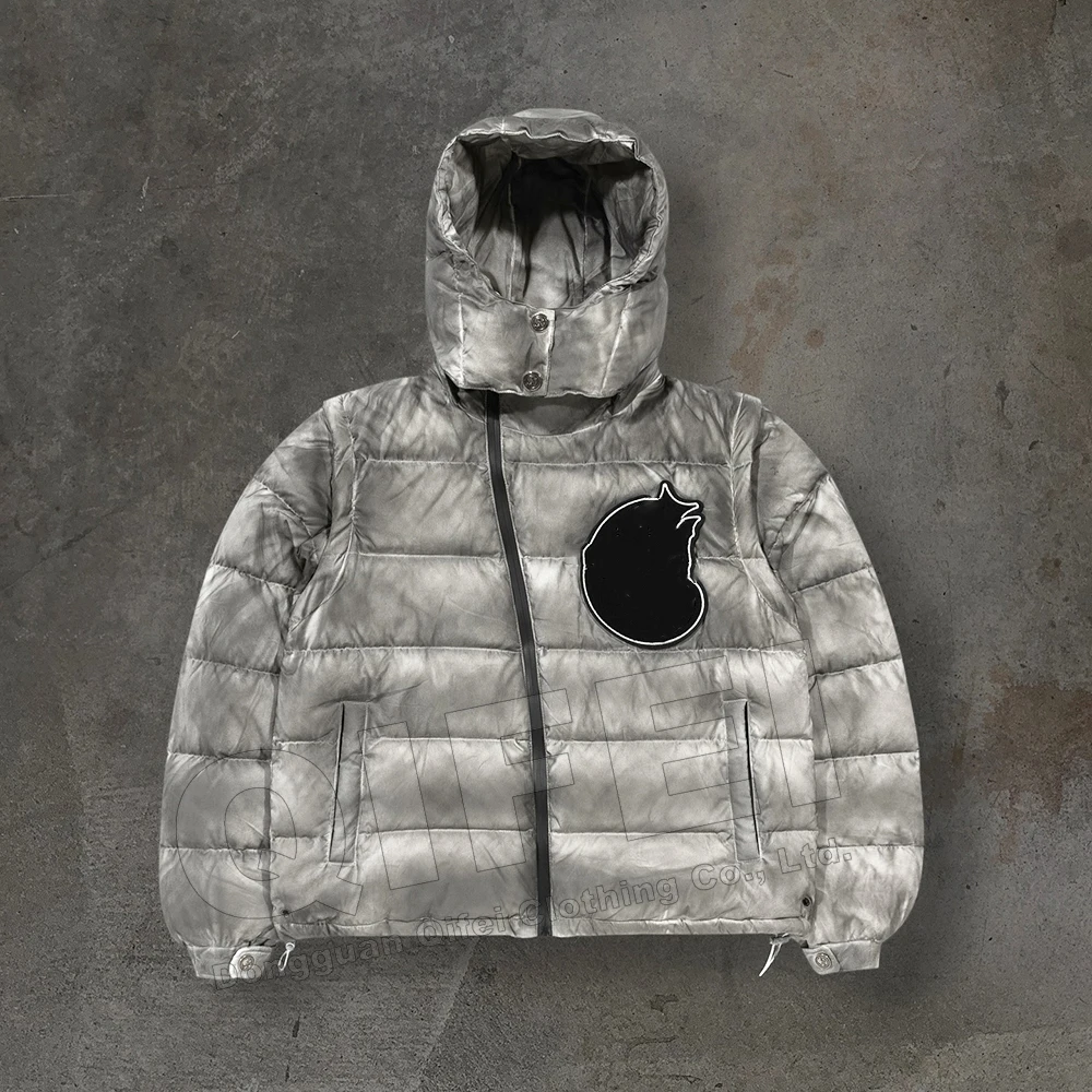 Custom manufacturer bubble bomber zipper coats cropped chenille embroidery winter down puffer jacket with removable hood