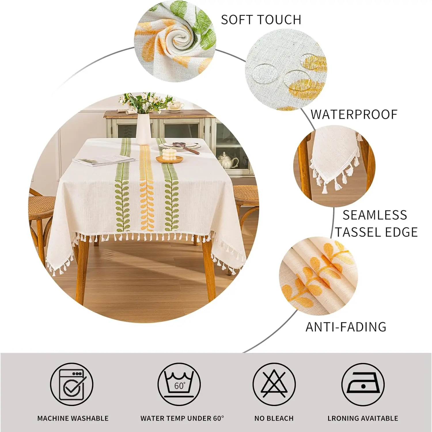 QDTEX Cotton Linen Rectangle Table Clothes Waterproof Embroidered Tablecloth