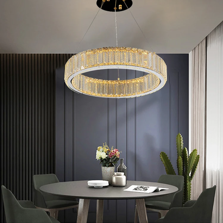 Hot Selling Modern Luxury Hanging Lights Circle Ring Dining Room High Ceiling Chandelier Crystal Led Rose Gold Pendant Light