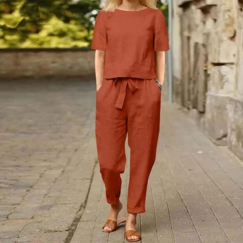 new Cotton and linen summer suit half-sleeved round neck oversized smock broadleg trousers vintage home wear suit