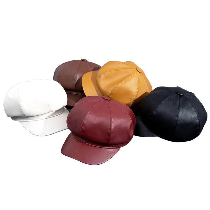 Wholesale British leather octagonal hat Korean painter hat Japanese PU Berets
