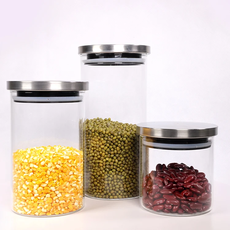 Food Safe Clear Round Cylinder Borosilicate Glass Storage Jar and Metal Stainless Steel Lid