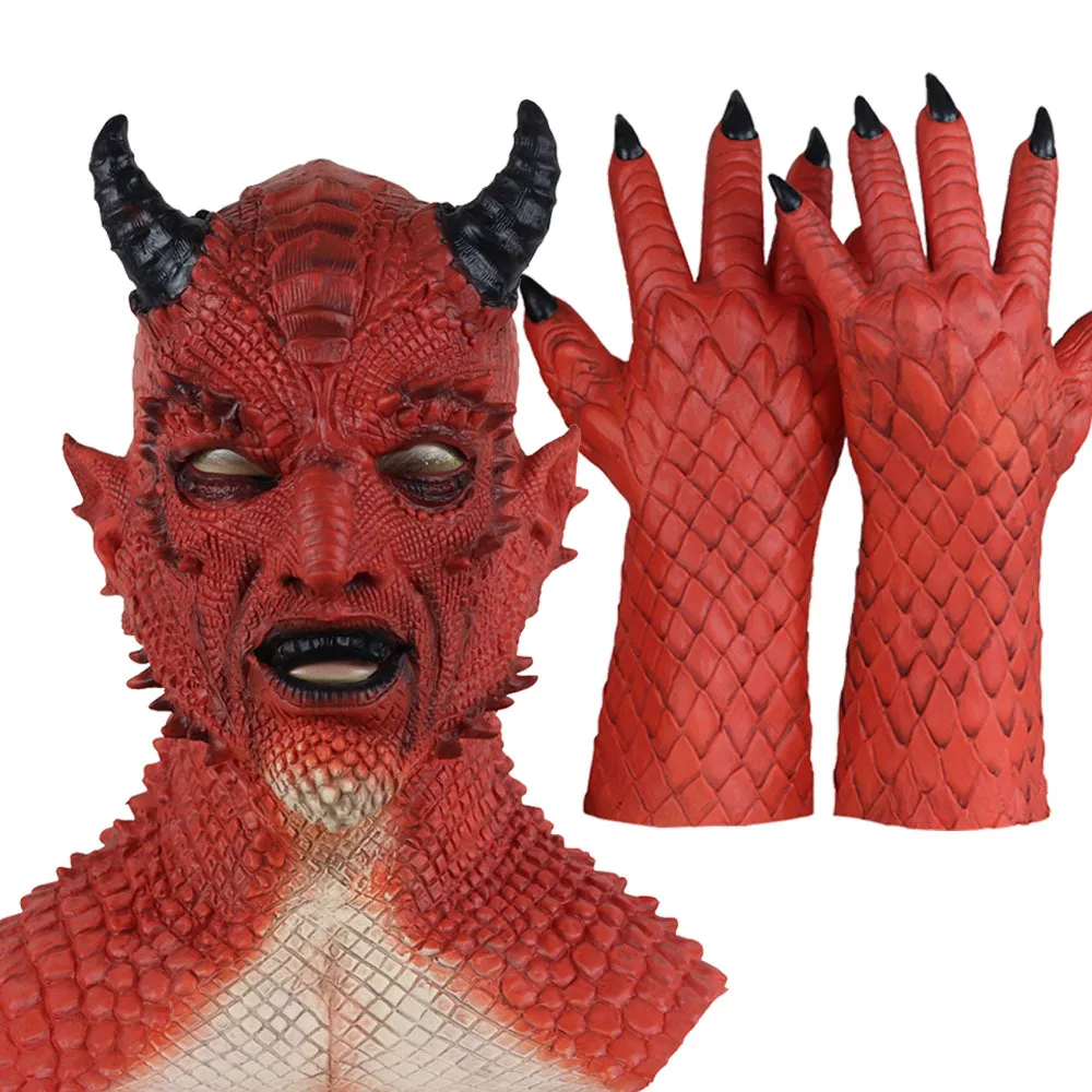 2024 New Latex Belial The Demon Mask Devil Cosplay Costume Masks With Gloves Two Piece Set Halloween Party Props