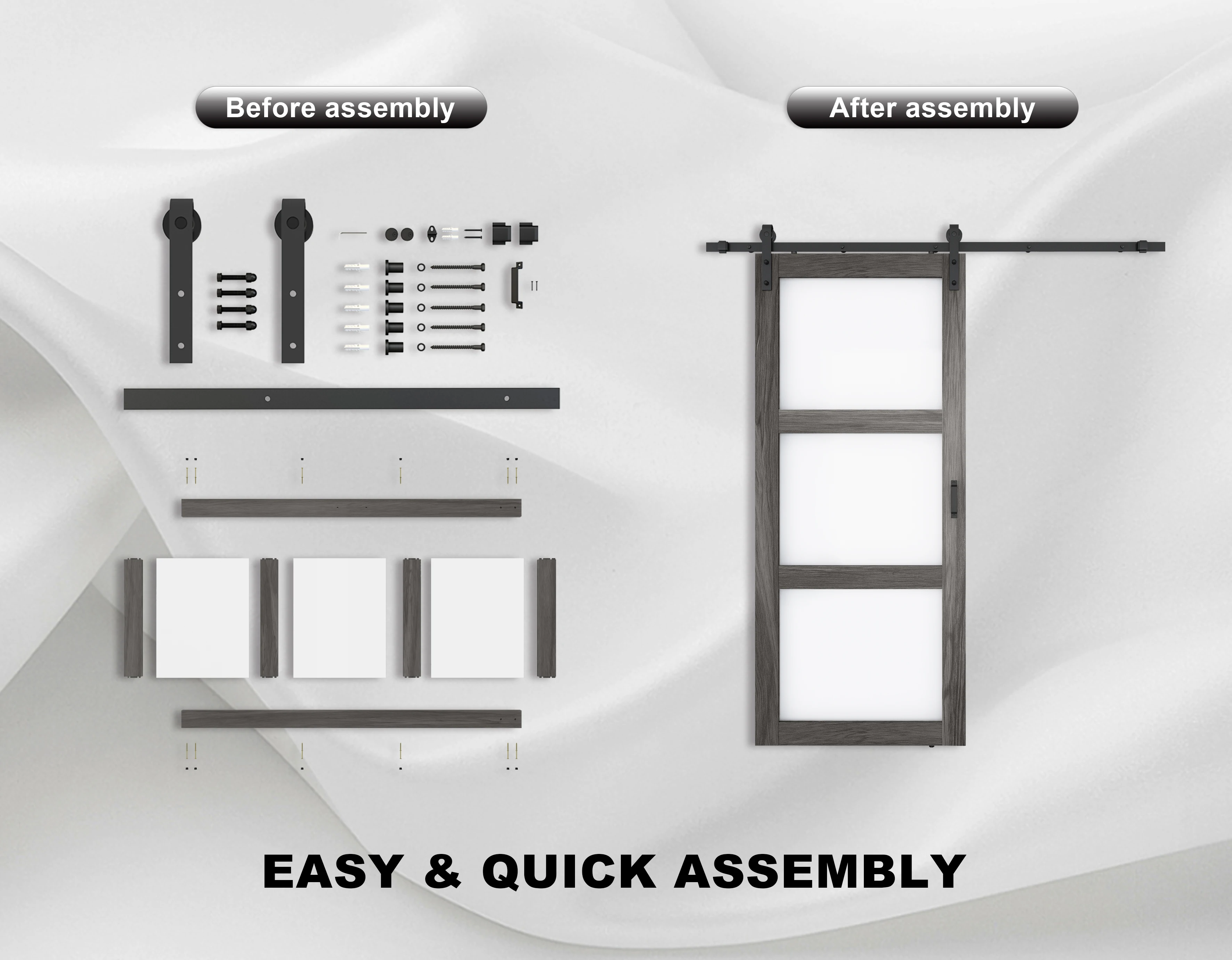Knocked down version 3 lites Brown Color  Wooden Barn Door Wth frosted Glass Panels, Including The Track Rollers