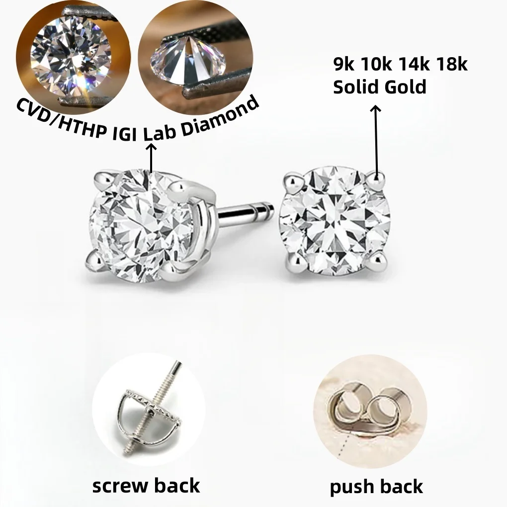 Custom Igi Gia Certified HPHT CVD Vvs Lab Grown Made Created Diamond Drop Hoop Stud Earrings 14k 18k Solid Gold For Women