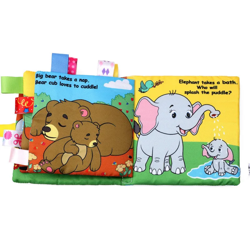 Latest Design Ribbon Sound Paper Polyester Soft 3D Animal Washable Soft Baby Cloth Book Baby Sensory Books