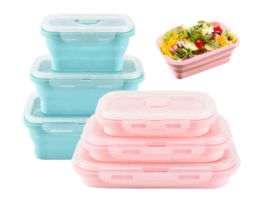 
Rectangle Microwave Oven Safe Food Storage Containers Folding Collapsible Silicone Food Warmer Lunch Box 