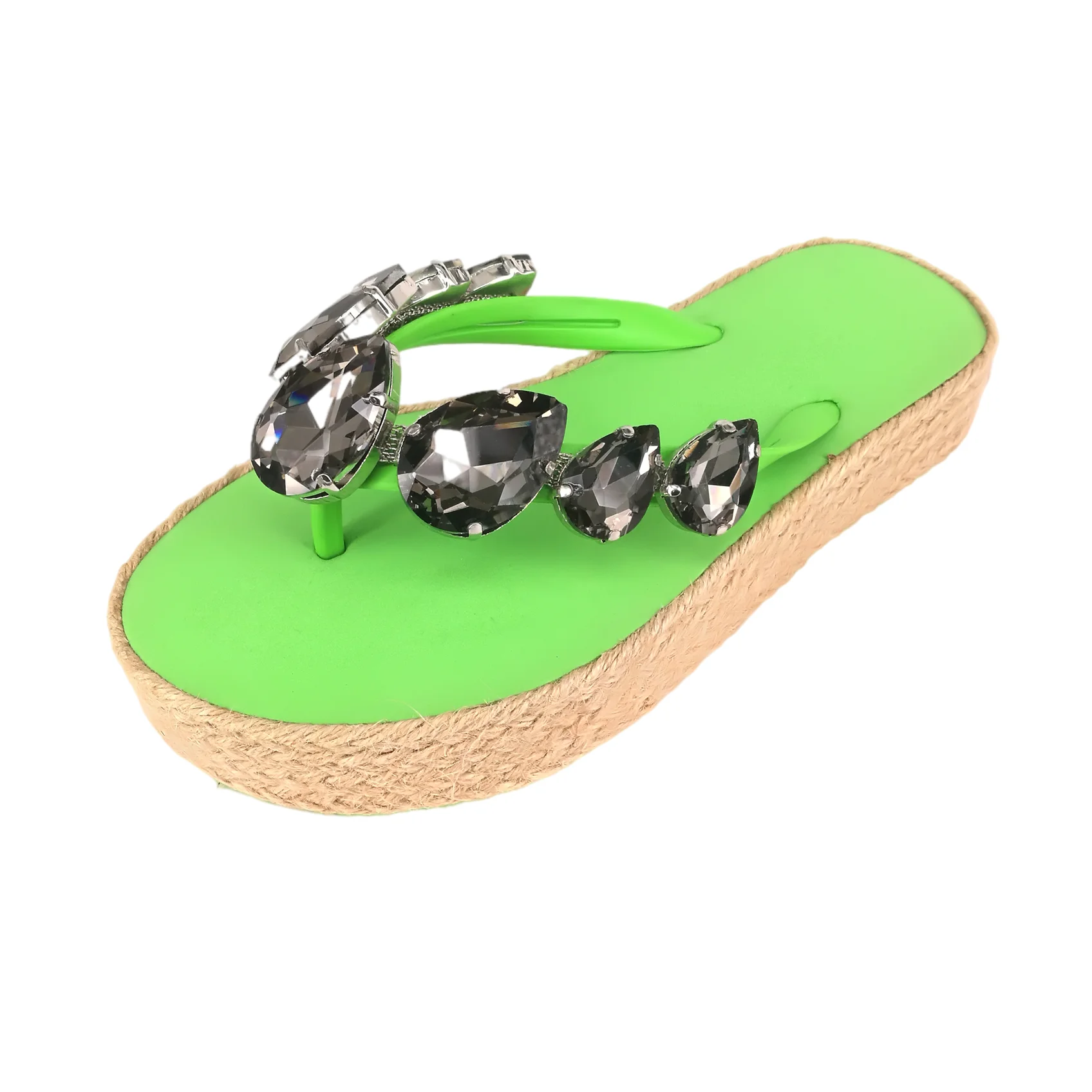 OEM   ladies  flip flops sandals  diamonds chain wedges  jute string foxing slides
