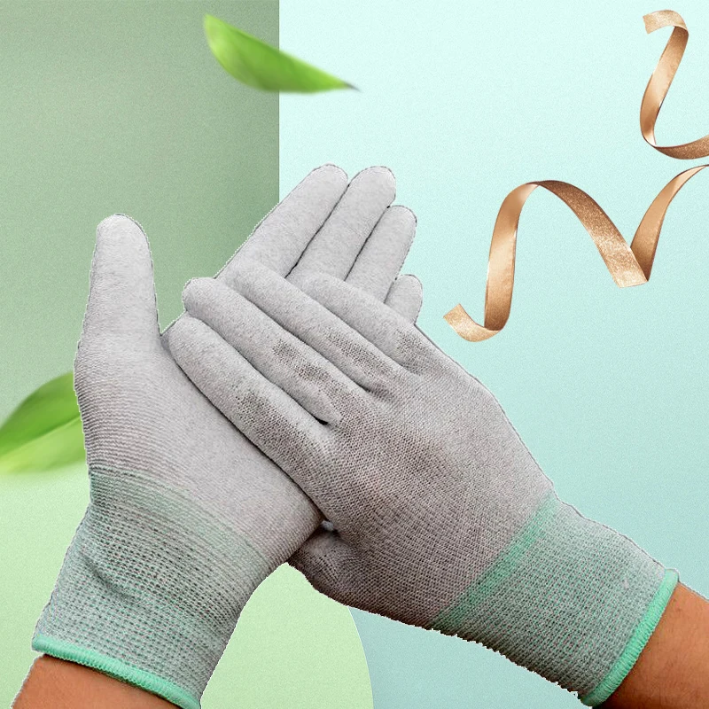 Anti-static carbon fiber PU coated palm coated finger gloves Thirteen needle nylon gloves labor protection coated gloves