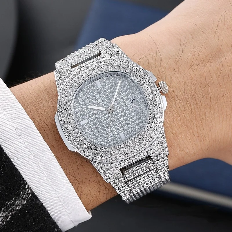 Hip Hop Mens Luxury Watches Design Iced Out Full Diamond Hiphop rapper bling gold dial bust down wristwatch