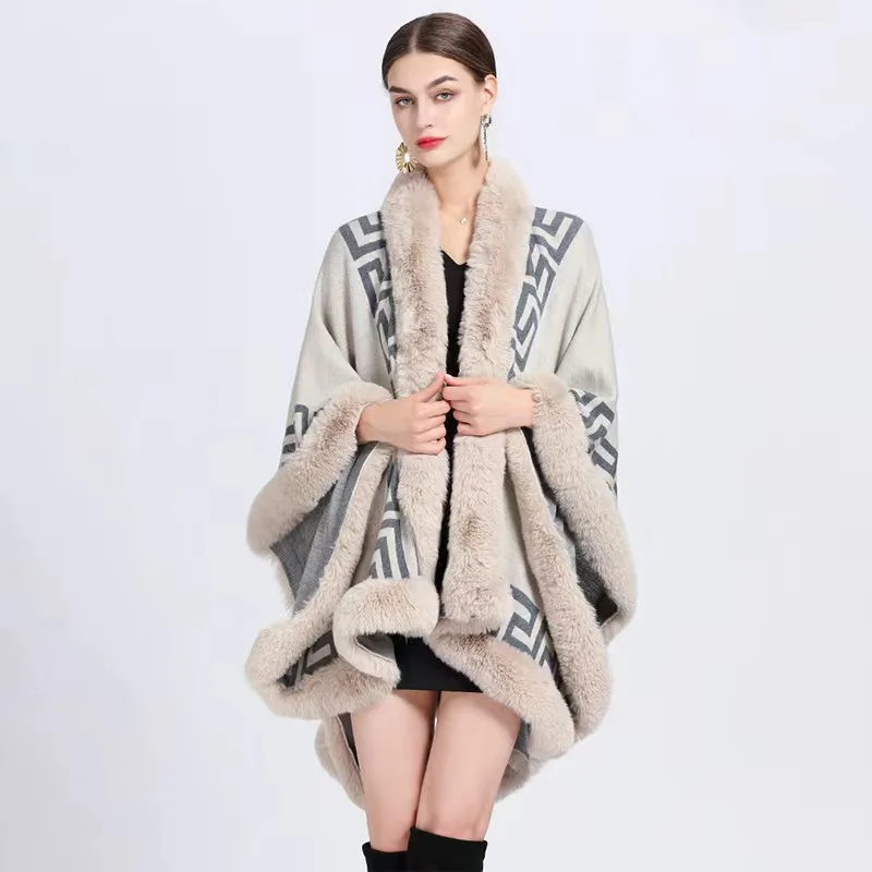 2024 New Design Winter Women Jacquard Wraps Stole knitted Oversized Faux Fur Collar Poncho Cape Shawl