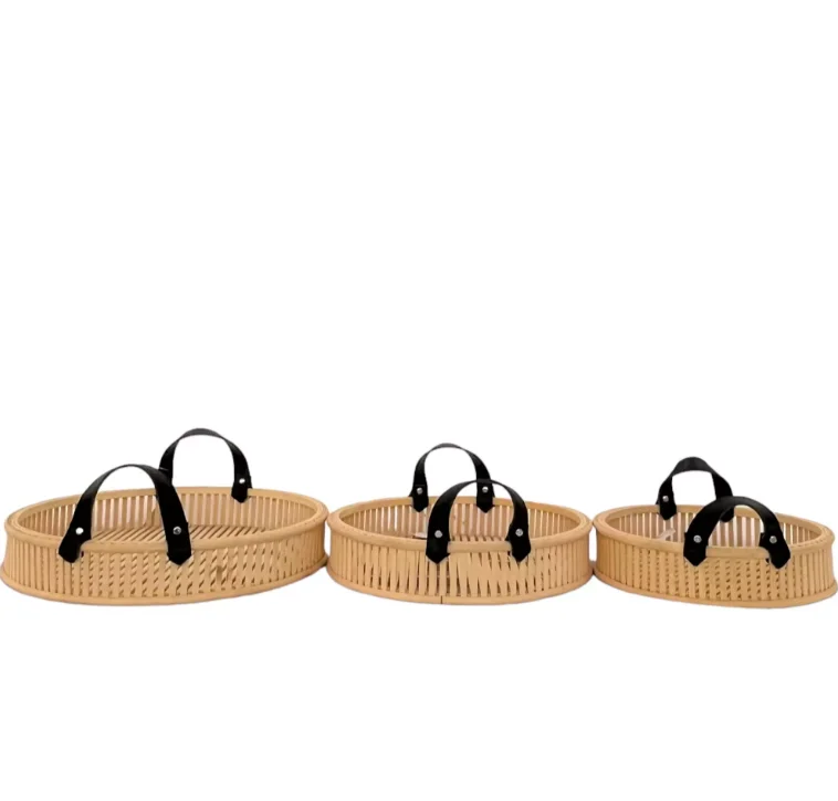 New Home Decor Craft Bamboo Basket Wooden Storage Wicker Tray With Leather Handle