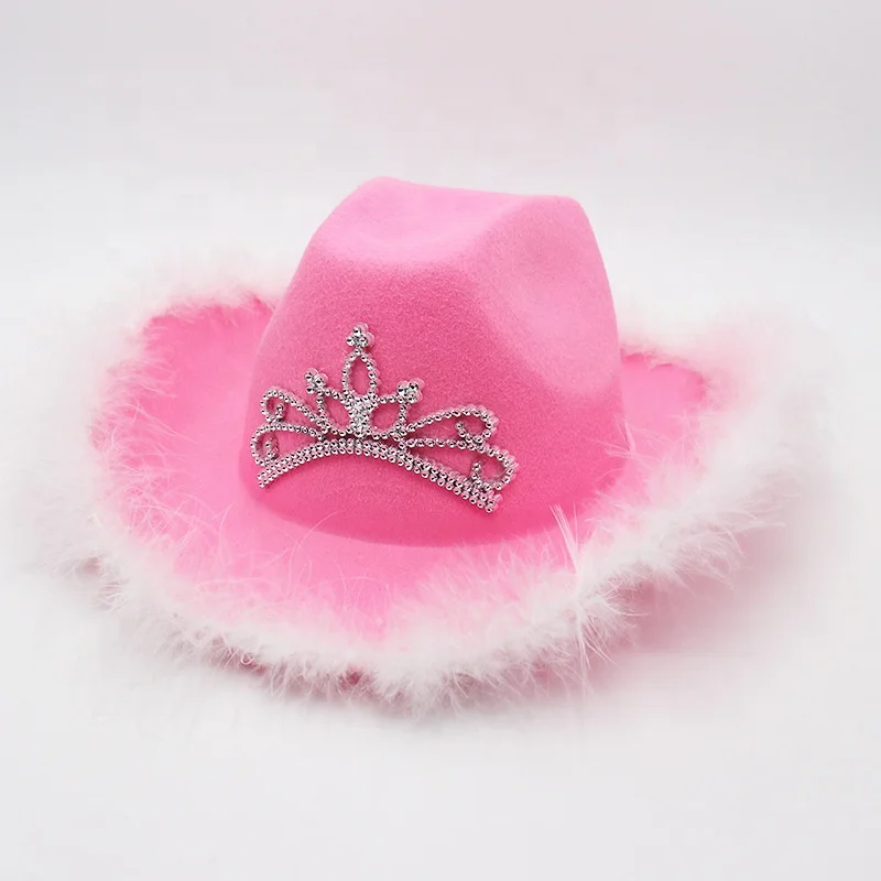 Wholesale Pink Cowboy Hat With White Feather Edge Costumes Western Style Party Pink Cowgirl Crown Felt Party Hat