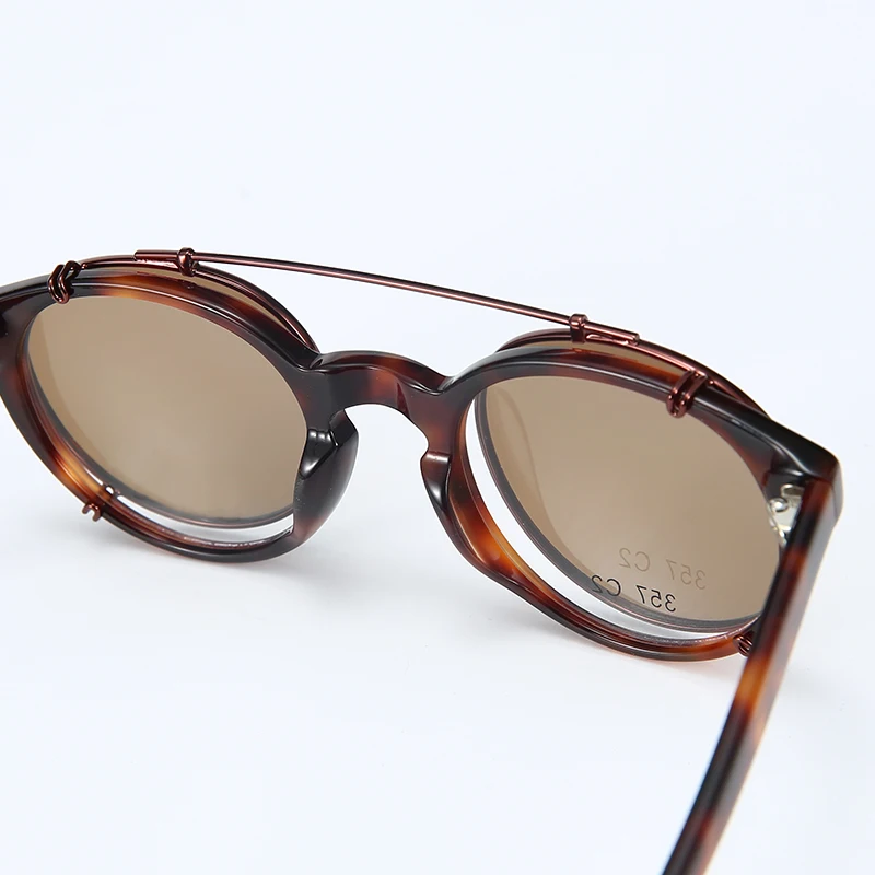 Italian Vintage Acetate Round Polarized Clip On Sun Glasses Frame