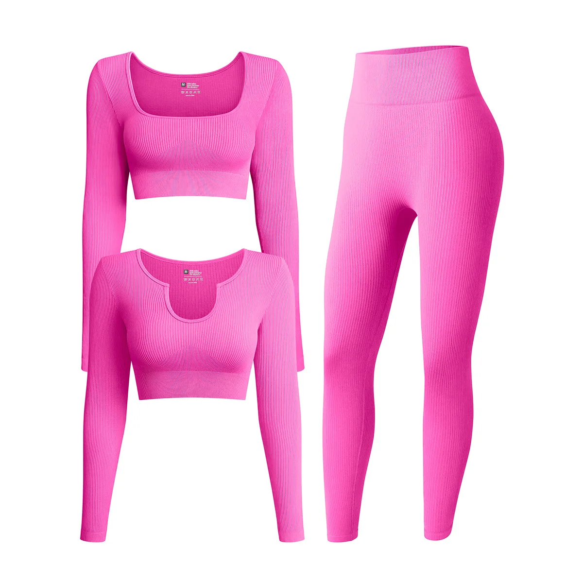 Custom Logo Women Gym Sport Wear Fitness Workout Active Wear Set 3 Piece Long Sleeve Crop Tops Yoga High Wait Leggings