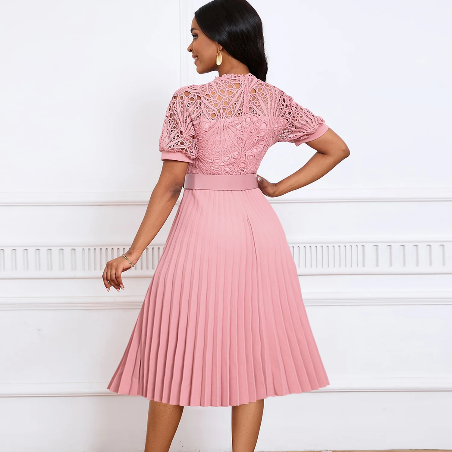 Plus-size European&American women Dress 2024 New design Short sleeve lace lace patchwork pleated African dress