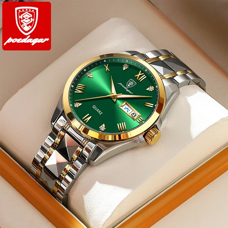 Poedagar 985 Luxury Men Quartz Fashion New Model Watch Stainless Steel Waterproof Green Dial Watch Luminous Week Date Watch