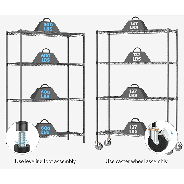High Quality Durable 4 Tier Black Chrome Wire Mesh Shelves Shelving With Wheels