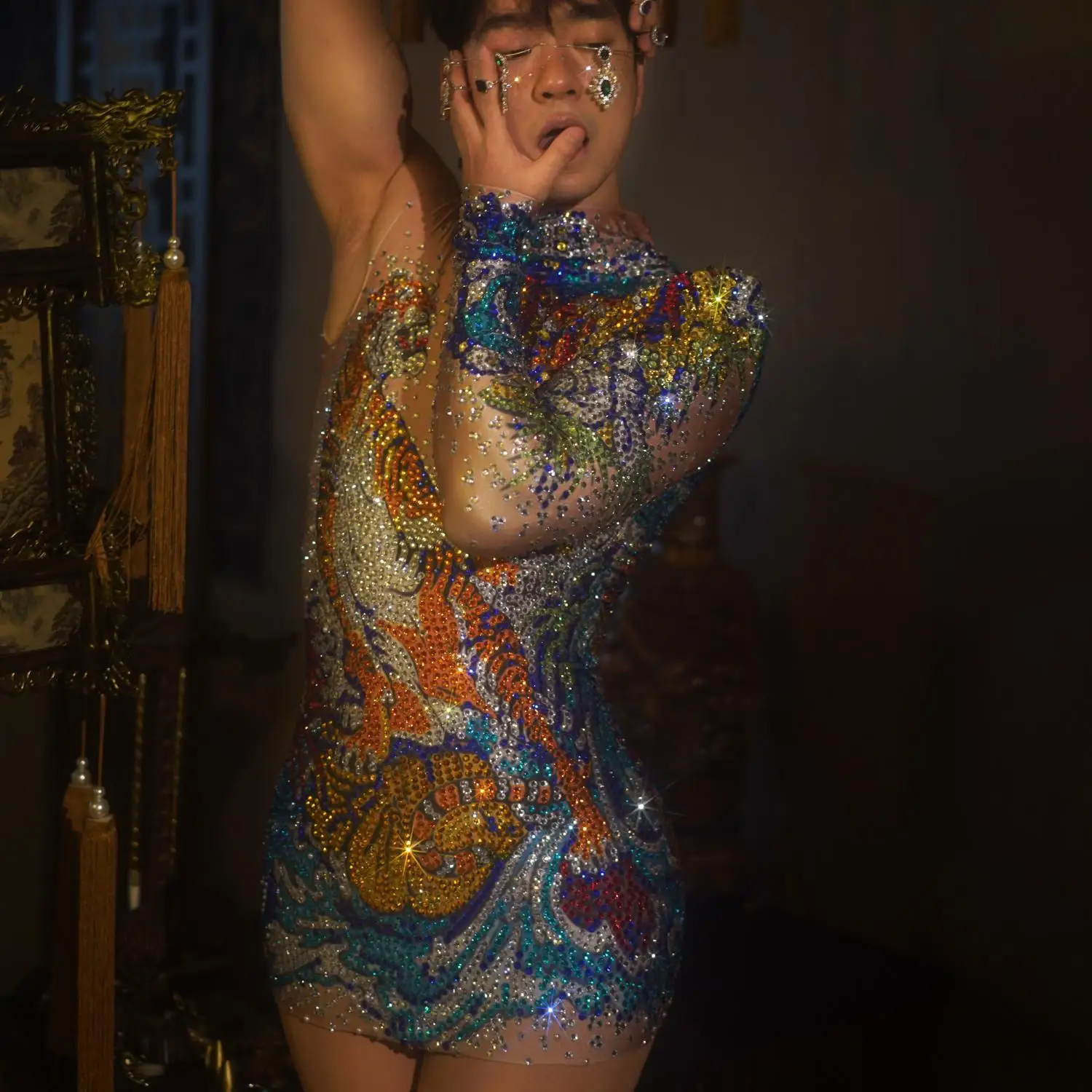 Vestidos Chinese Style One Shoulder Dinner Gown Rhinestone Short Prom Dress Women Slim Night Club Dress Sexy Mini Evening Dress