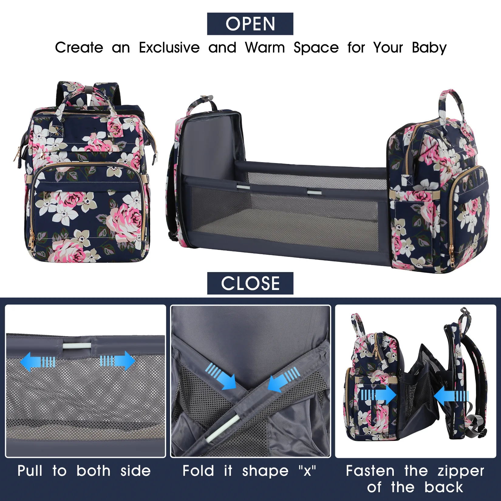 
2021 Drop Shipping Folding Bed Bag Lightweight Printed Waterproof Double Shoulder Mommy Diaper Bag 