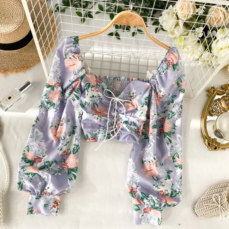 lady popular design sexy crop tops girl fashion floral printed korea women blouse top OC386