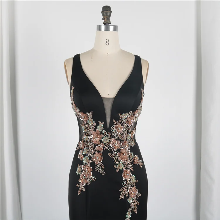 
Real Picture Elegant Deep V Neck Satin Beading Pleated Formal Black Sexy Mermaid Prom Birthday Dresses 