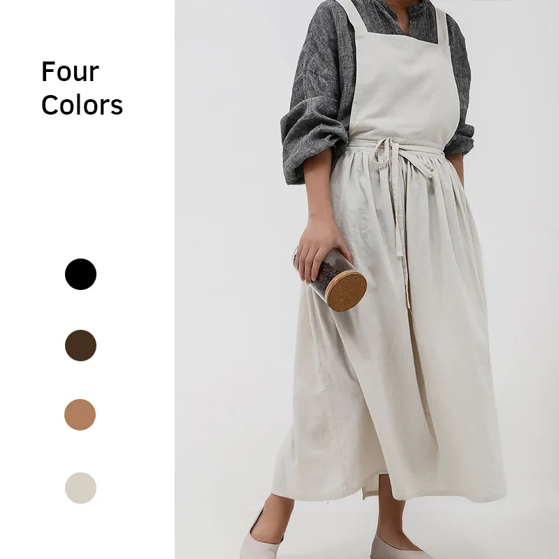 100% Cotton Sleeveless Women Long Apron Skirt Home Garden Kitchen Cooking Cafe Barista Baking Flower Shop Waitress Work Bib Logo