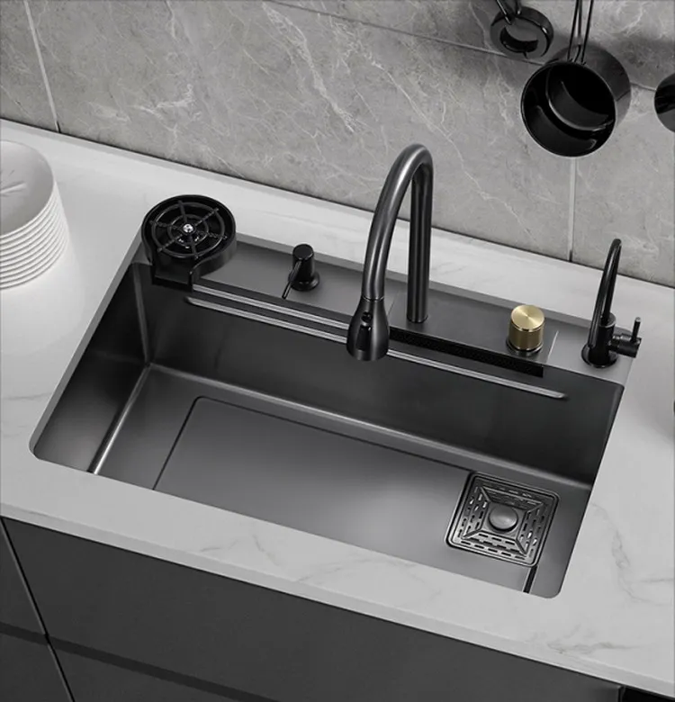 New Black Nanometer Handmade Raindance 304 Stainless Steel Above Mount Waterfall Faucet Farmhouse Kitchen Sinks