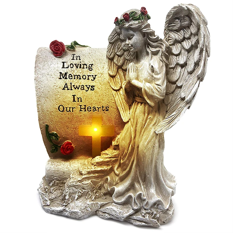 Wholesale custom design sympathy gift resin memorial garden resin angel with solar LED light