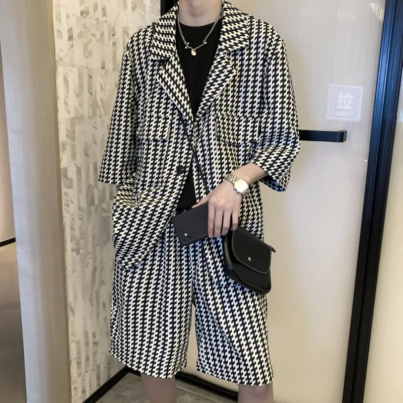 Suit men summer handsome men wear a set with seven-point sleeve suit jacket mature two-piece set