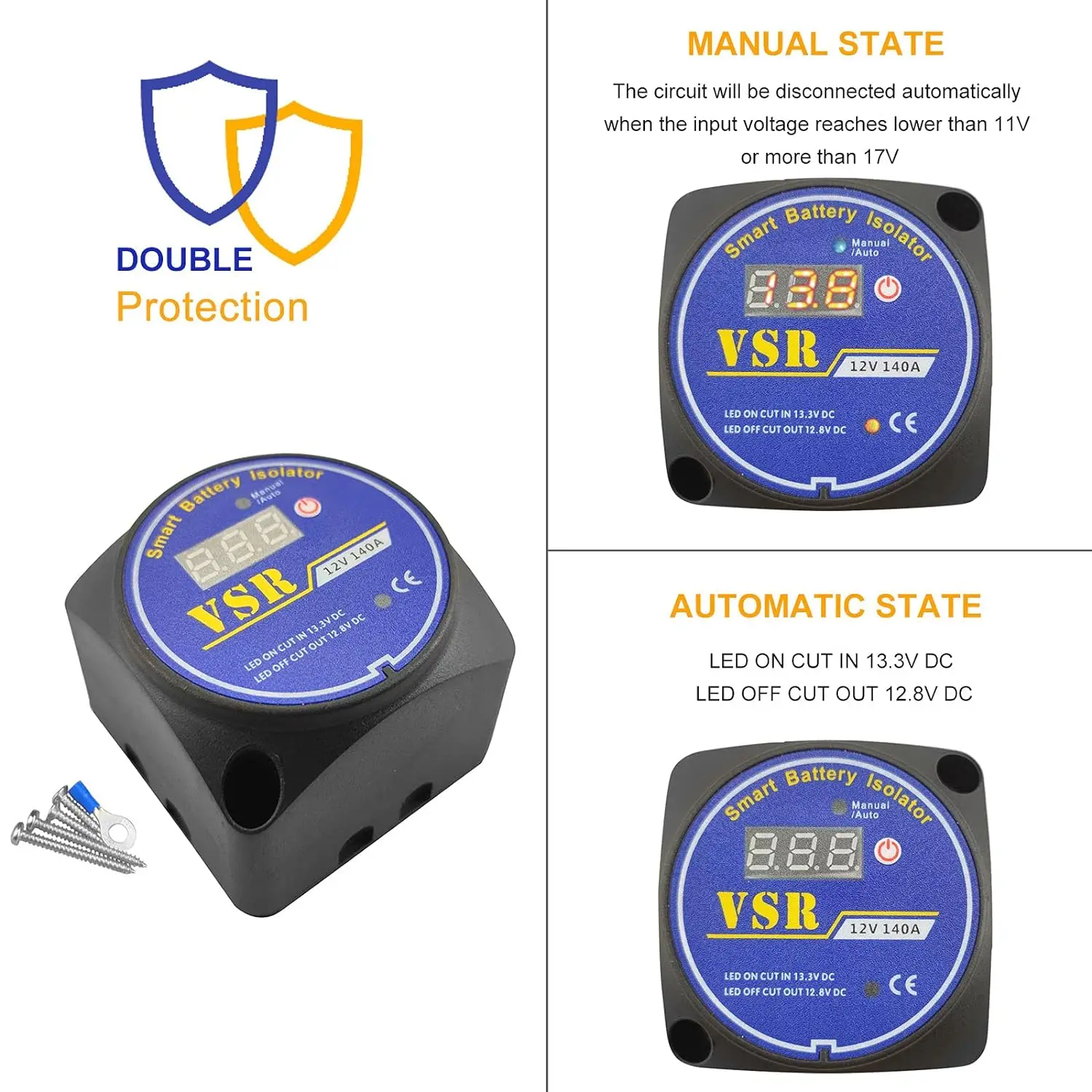 Dual Battery Isolator 12V 140Amp Manual and Auto modes Voltage Sensitive Relay VSR Compatible with RV Marine Car Vehicle Truck