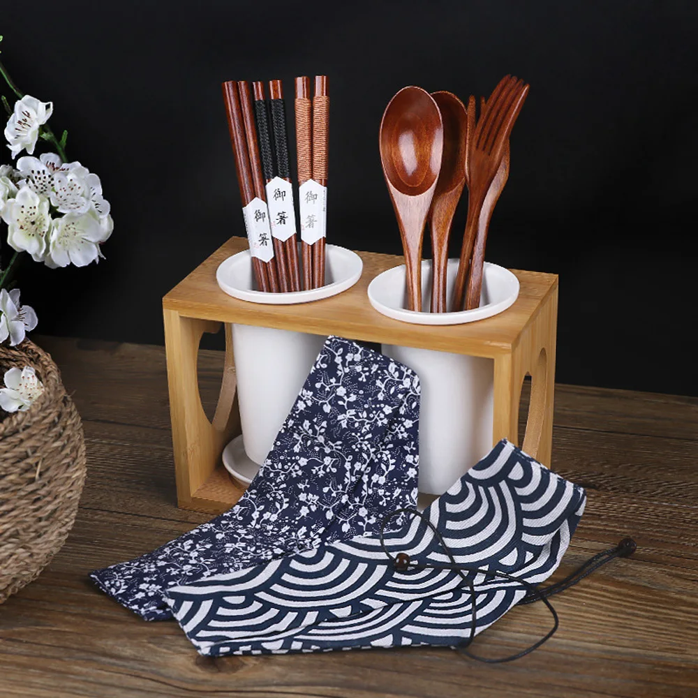 Japanese Personalizing Eco Friendly Adult Portable Long Handle Solid Wood Spoon Fork Chopsticks Cutlery Set With Cloth Bag