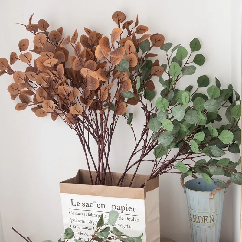 Листья эвкалипта MW26642 из искусственного шелка, декоративные растения, листья зеленого и коричневого цвета, ствол
