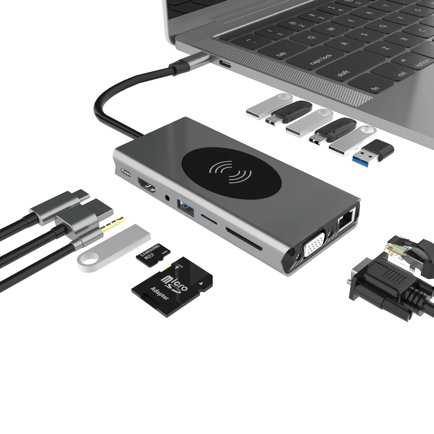 Usb-концентратор беспроводной зарядное устройство 15 в 1 USB2.0 SD TF RJ45 PD AUDIO3.5 10 Вт HD-MI VGA USB3.0 заводского изготовления, BASIX