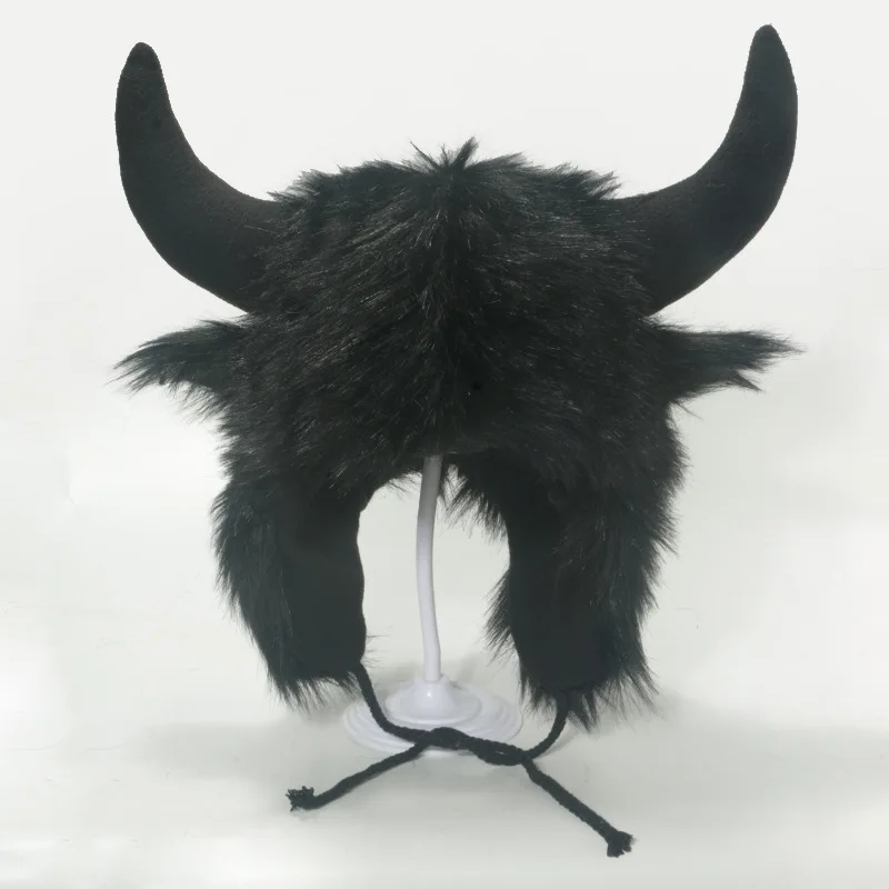 Halloween Fluffy Faux Fur Bull Horn Ear Protection Hat Role Play Personalized Funny Warm Thick Ski Winter Cap