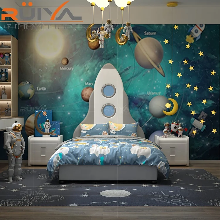 Upholstered Soft Kids Home Furniture Modern rocket shape children wooden double bed designs